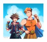  2boys airagency1005 ancient_greek_clothes animification brown_hair eyeshadow greco-roman_clothes hercules_(1997_movie) hercules_(disney) kingdom_hearts makeup multiple_boys muscular muscular_male short_hair simple_background sleeveless smile sora_(kingdom_hearts) spiked_hair 