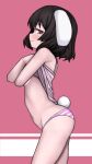  1girl :3 alternate_costume animal_ears black_hair breasts camisole closed_mouth clothes_lift commentary cowboy_shot floppy_ears from_side highres inaba_tewi light_blush looking_at_viewer looking_to_the_side naughty_face nuclear_cake panties pink_camisole pink_panties profile rabbit_ears rabbit_girl rabbit_tail red_background red_eyes short_hair small_breasts solo stomach striped_clothes striped_panties tail touhou underwear undressing 