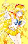  1girl aino_minako bishoujo_senshi_sailor_moon blonde_hair blue_bow blue_bowtie blue_eyes bow bowtie breasts choker circle_hair_ornament cleavage collarbone earrings floating_hair gloves grin hair_between_eyes hair_bow highres index_finger_raised jewelry long_hair looking_at_viewer miniskirt orange_sailor_collar outstretched_arm pleated_skirt red_bow red_choker sailor_collar sailor_collar_lift sailor_senshi_uniform sailor_shirt sailor_venus shirt skirt small_breasts smile solo standing usadapan1005 very_long_hair white_gloves white_shirt yellow_background yellow_skirt 