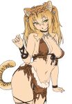  1girl animal_ear_fluff animal_ears animal_print bikini black_choker black_panties blonde_hair bone bone_hair_ornament bracelet breasts brown_bikini cavewoman choker contrapposto cowboy_shot fingernails flat_color fur-trimmed_bikini fur_trim furrowed_brow gradient_hair hair_ornament hand_up highres houtengeki jewelry loincloth long_fingernails long_hair looking_to_the_side medium_breasts multicolored_hair navel necklace open_mouth original panties panty_peek pelt print_loincloth short_eyebrows sidelocks sideways_glance simple_background skindentation solo striped_hair swimsuit tail tiger_ears tiger_girl tiger_girl_(houtengeki) tiger_pelt tiger_print tiger_stripes tiger_tail tooth_necklace tribal twintails underwear v white_background wristband yellow_eyes 