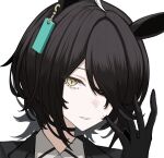  1girl ahoge animal_ears black_choker black_gloves black_hair black_jacket choker collared_shirt ear_tag earrings gloves hair_over_one_eye hand_up highres horse_ears horse_girl jacket jewelry long_bangs manhattan_cafe_(umamusume) medium_hair parted_lips shirt simple_background single_earring smile solo subaratowa umamusume unfinished white_background white_hair white_shirt yellow_eyes 