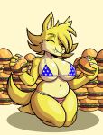 2025 anthro big_breasts bikini bikini_bottom bikini_top breasts canid canine canis clothing curvy_figure eating eating_food ellie_the_wolf eyes_closed fan_character female food fourssss fur hi_res holding_food holding_object mammal sega solo sonic_the_hedgehog_(series) swimwear thick_thighs two-piece_swimsuit wolf yellow_body yellow_fur