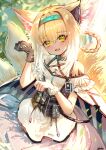  1girl absurdres animal_ear_fluff animal_ears arknights bare_shoulders black_gloves blonde_hair blue_hairband braid braided_hair_rings clothing_cutout colored_tips dress earpiece fangs fox_ears fox_girl fox_tail frilled_sleeves frills gloves green_eyes hair_between_eyes hair_rings hairband highres kitsune kyuubi looking_at_viewer material_growth md5_mismatch multicolored_hair multiple_tails open_mouth oripathy_lesion_(arknights) paw_pose purple_dress revision short_hair short_sleeves shoulder_cutout single_glove single_wrist_cuff sketch solo suzuran_(arknights) tail twin_braids two-tone_hair white_hair wrist_cuffs zbobo 