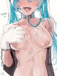  1girl after_fellatio alterkyon animal_hands aqua_hair artist_logo bikini black_sleeves breasts collar cum cum_in_mouth cum_on_body cum_on_breasts cum_on_tongue cumdrip detached_sleeves english_commentary excessive_cum gloves hatsune_miku head_out_of_frame highres leash logo long_hair medium_breasts metal_collar nipple_slip nipples number_tattoo open_mouth paw_gloves shoulder_tattoo solo stomach swimsuit tattoo twintails upper_body vocaloid white_background white_bikini 