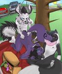  anal cat chinese_dragon dragon feline fellatio group group_sex kyo_(character) mammal midnight_(character) oral penetration penis picnic piercing sex soubigo_(character) stripes threesome wintermental_(artist) 