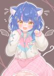  1girl absurdres ahoge amamiya_kokoro animal_ear_fluff animal_ears blue_hair blush braid cat_ears dress fang hair_between_eyes hair_ornament happy heart heart_hair_ornament highres kneeling limited_palette looking_at_viewer matcha_november mini_wings multicolored_hair nijisanji open_mouth outline paw_pose pink_dress sidelocks skin_fang streaked_hair virtual_youtuber wings x_hair_ornament yellow_eyes 