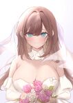  1girl absurdres aqua_eyes bare_shoulders blush bouquet bow breasts bridal_gauntlets brown_hair closed_mouth collar detached_collar dress flower highres holding holding_bouquet huge_breasts long_hair looking_at_viewer nijisanji pink_flower pink_lips pink_rose ri_shan rose simple_background smile solo suzuhara_lulu veil virtual_youtuber wedding_dress white_background white_bow white_bridal_gauntlets white_collar white_dress white_flower white_rose white_veil 