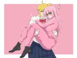  2girls ^^^ ahoge black_socks blonde_hair blue_eyes blue_skirt blush bocchi_the_rock! bow bowtie carrying clenched_teeth closed_eyes collared_shirt cube_hair_ornament detached_ahoge gotoh_hitori hair_ornament highres hug ijichi_nijika inuitakumi49 jacket multiple_girls one_side_up open_mouth pants pink_background pink_hair pink_jacket pink_pants pleated_skirt princess_carry red_bow red_bowtie shaded_face shirt skirt smile socks sparkle teeth track_jacket track_suit twitching two-tone_background white_background white_shirt yuri 