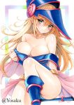  1girl bare_shoulders blonde_hair blue_dress blue_hat blue_panties blush_stickers breasts cleavage commentary_request dark_magician_girl dress duel_monster green_eyes hat highres large_breasts panties pink_skirt skirt solo staff strapless strapless_dress underwear yosaku_vs_hina yu-gi-oh! 