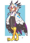  1girl absurdres animal_ears bare_shoulders bird bird_ears bird_legs black_feathers black_pants blue_background facial_mark feather_hair feathered_wings feathers harpy highres hz_ebfry long_hair looking_at_viewer monster_girl multicolored_hair original pants pointy_ears red_hair secretarybird shirt sleeveless sleeveless_shirt solo sparkle two-tone_background two-tone_hair two-tone_wings white_background white_feathers white_hair white_shirt winged_arms wings yellow_eyes 