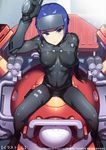  aida_takanobu arm_support arm_up belt blue_eyes blue_hair bodysuit breasts covered_navel from_above ghost_in_the_shell ghost_in_the_shell_arise gun handgun head_mounted_display holding holding_weapon kusanagi_motoko logicoma looking_at_viewer medium_breasts shiny shiny_clothes short_hair sitting skin_tight solo spread_legs weapon 