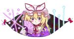  1girl blonde_hair blush choker closed_mouth danmaku dress elbow_gloves gap_(touhou) gloves hair_between_eyes hand_fan hat holding holding_fan long_hair looking_at_viewer mob_cap nanakusagayu_(7_kusagayu) oekaki paint_chat_(medium) purple_dress purple_eyes ribbon ribbon_choker smile solo touhou upper_body white_background white_gloves yakumo_yukari 