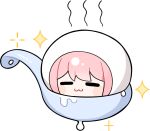  1girl =_= artist_request blush_stickers closed_mouth dripping food-themed_creature foodification infinity_nikki nikki_(nikki) nikki_(series) non-web_source official_art pink_hair short_hair smile solo sparkle steam transparent_background wet 