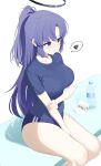  1girl absurdres adjusting_buruma adjusting_clothes bare_legs black_shirt blue_archive blush bottle breasts buruma halo highres large_breasts long_sleeves looking_to_the_side paper ponytail purple_hair shirt simple_background sitting solo t-shirt thighs water_bottle white_background yuuka_(blue_archive) yuuka_(track)_(blue_archive) yuzb 