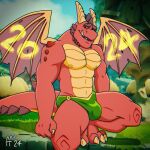 1:1 2024 activision anthro bottomwear bulge claws clothed clothing delbin_(spyro) digital_media_(artwork) dragon dragon_wings fabfelipe finger_claws green_bottomwear green_clothing hi_res horn male mythological_creature mythological_scalie mythology pecs pinup pose red_body red_scales scales scalie smile solo spyro_the_dragon tail toe_claws tongue tongue_out topless topless_anthro topless_male wings