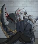  1boy argalia_(project_moon) black_pants blood blood_on_face blue_cape blue_eyes blue_jacket cape divewet3 full_body gloves gold_trim grey_background highres jacket library_of_ruina long_hair long_sleeves looking_at_viewer male_focus pants project_moon scythe simple_background sitting solo white_gloves white_hair wide-eyed 
