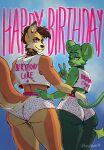 2025 5_fingers absurd_res anthro big_butt biped birthday blue_background bottomwear bracelet brown_hair brown_nose butt butt_focus canid canine clothing collar crop_top digital_media_(artwork) dipstick_ears dubsthefox duo ear_markings ear_piercing english_text eyebrows eyelashes facial_piercing fennec_fox fingers fluffy fluffy_tail fox fur generation_4_pokemon gesture green_body green_eyes green_fur green_hair green_tail hair hand_gesture hi_res hotpants jewelry larger_anthro larger_male lip_piercing long_tail looking_at_viewer looking_back male mammal multicolored_body multicolored_ears multicolored_fur nintendo nose_piercing octorocktopus orange_body orange_fur orange_tail piercing pink_eyes pink_nose pink_tongue pokemon pokemon_(species) shinx shirt short_hair shorts signature simple_background size_difference smaller_anthro smaller_male snakebite_piercing spiked_bracelet spiked_collar spikes standing strike_(strikerman) tail tan_body tan_fur tan_tail text tongue topwear true_fox two_tone_body two_tone_fur two_tone_tail v_sign