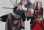  1girl 2boys black_coat black_gloves black_hair blood brown_eyes brown_hair brown_shirt brown_thighhighs coat flak_jacket gloves grey_background grey_hair hatake_kakashi highres jacket konohagakure_shinobi_uniform long_sleeves mask mouth_mask multiple_boys naruto_(series) naruto_shippuuden ninja ninja_mask nohara_rin shirt short_hair simple_background spiked_hair thighhighs uchiha_obito zifletts 