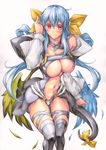  black_legwear blue_hair blush breasts center_opening cleavage colored_pencil_(medium) commentary_request detached_sleeves dizzy guilty_gear hair_ribbon highres large_breasts long_hair navel red_eyes ribbon smile solo tail tail_ribbon thigh_gap thigh_ribbon thighhighs traditional_media yoshitsuki 