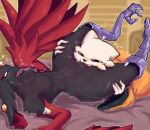 anthro avian_feet big_ears black_body black_eyes black_fur black_nose blush blush_lines breasts cheek_tuft clothed clothing cunnilingus duo ear_piercing eyelashes eyeshadow facial_tuft feathered_wings feathers featureless_breasts felid feline female floppy_ears forehead_gem fur gem goumang_(nine_sols) heart_symbol hi_res konduktor lop_ears lying makeup male male/female mammal navel nine_sols nude on_back open_clothing open_mouth open_topwear oral orange_clothing orange_topwear piercing prosthetic prosthetic_leg prosthetic_limb red_body red_candle_games red_eyeshadow red_feathers sex small_breasts solarian tan_body tan_fur text thick_thighs topwear tuft vaginal vulva wide_hips wings yi_(nine_sols)
