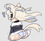  1girl ? animal_ears arrivedcold ass black_jacket blonde_hair blue_hairband blue_panties blue_streaks dog_ears dog_girl dog_tail dress fishnet_thighhighs fishnets fuwawa_abyssgard grey_background hairband highres hololive hololive_english horn_hairband jacket long_hair open_mouth panties simple_background solo striped_clothes striped_panties sweat tail thighhighs underwear virtual_youtuber white_dress 