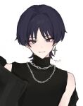  1boy black_shirt blunt_ends chain chain_necklace earrings eyeliner eyeshadow genshin_impact hair_intakes highres jewelry looking_at_viewer makeup male_focus necklace parted_lips purple_eyes red_eyeliner red_eyeshadow scaramouche_(genshin_impact) shirt sleeveless sleeveless_shirt slit_pupils solo star_(symbol) star_earrings straight-on tsurime turtleneck turtleneck_shirt white_background white_mouth wispy_bangs yuii_03 