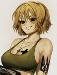  1girl arm_tattoo azov_battalion blonde_hair blush breast_tattoo breasts brown_eyes cross green_sports_bra grin highres large_breasts latin_cross looking_down marichka medium_hair original russo-ukrainian_war shoulder_tattoo smile solo sports_bra tattoo tryzub usergore 