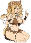  1girl animal_ear_fluff animal_ears animal_print bikini black_choker blonde_hair bone bone_hair_ornament breasts brown_bikini cavewoman choker dated double_v fang flat_color full_body fur-trimmed_bikini fur_trim gradient_hair hair_ornament hands_up highres houtengeki jewelry loincloth long_hair looking_at_viewer medium_breasts multicolored_hair navel necklace open_mouth original pelt print_loincloth seiza short_eyebrows sidelocks simple_background sitting skin_fang skindentation smile solo striped_hair swimsuit tail tiger_ears tiger_girl tiger_girl_(houtengeki) tiger_pelt tiger_print tiger_stripes tiger_tail tooth_necklace tribal twintails v white_background wristband yellow_eyes 