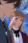  1boy 1girl adam&#039;s_apple amikoiiko black_ribbon blazer blonde_hair blue_eyes blue_sky braid brown_hair cloud cloudy_sky collar collared_shirt commentary_request dress_shirt facing_to_the_side fingernails frilled_collar frills grey_jacket gundam gundam_wing hair_between_eyes half_up_braid hand_on_another&#039;s_face heero_yuy highres jacket juliet_sleeves lapels long_hair long_sleeves looking_at_another neck_ribbon notched_lapels official_alternate_costume open_mouth pink_lips portrait profile puffy_sleeves purple_jacket red_vest relena_peacecraft ribbon school_uniform shirt short_hair sky swept_bangs teeth upper_teeth_only vest waistcoat white_shirt zoom_layer 