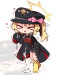  &gt;_&lt; 1girl :d armband black_dress black_hat blonde_hair blue_archive blush chibi chibi_only closed_eyes collared_shirt dress facing_viewer hair_between_eyes halo hana_kazari hat heart highres ibuki_(blue_archive) jacket long_hair long_sleeves neck_ribbon nose_blush open_clothes open_jacket peaked_cap pleated_dress red_ribbon revision ribbon shirt simple_background sleeves_past_fingers sleeves_past_wrists smile solo suggestive_fluid trembling twintails white_background white_shirt xd zoom_layer 