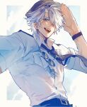  1boy :d absurdres antenna_hair belt black_belt black_necktie blue_eyes border collared_shirt commentary ggtnnk hair_over_one_eye highres honkai:_star_rail honkai_(series) looking_at_viewer male_focus necktie official_alternate_costume outside_border parted_bangs phainon_(honkai:_star_rail) pilot shirt short_hair smile solo sunglasses symbol-only_commentary upper_body white_border white_hair white_shirt 