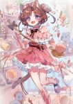  1girl :d animal_ear_fluff animal_ears artist_name blush bow bowtie brown_bow brown_bowtie brown_hair capelet cat_ears cat_girl cat_tail commentary cup dress foot_out_of_frame frilled_dress frilled_socks frills highres holding holding_spoon looking_at_viewer open_mouth original pink_socks purple_eyes red_capelet red_dress red_shoes see-through_clothes see-through_legwear see-through_sleeves shoes short_hair smile socks solo spoon standing standing_on_one_leg symbol-only_commentary tail tsukumi_bis twitter_username 