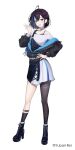  1girl ahoge belt belt_buckle black_hair black_jacket black_nails blue_hair boots bracelet buckle character_name clothes_down commentary_request copyright_notice double-parted_bangs earrings fingernails full_body grey_eyes hair_ribbon half_updo hand_on_own_hip hand_up high_heel_boots high_heels highres indie_virtual_youtuber jacket jewelry kneehighs light_blush long_sleeves looking_at_viewer multicolored_hair necklace off_shoulder official_art open_hand open_mouth quilted_jacket ribbon short_hair simple_background single_kneehigh single_sock single_thighhigh smile socks solo spaghetti_strap streaked_hair suspenders suspenders_slip thighhighs torianco3 virtual_youtuber white_background white_belt yubari_rei 