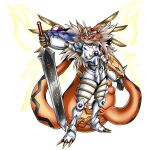 1:1 alpha_channel anthro appendages armor bandai_namco clothing cross_pupils digimon digimon_(species) fakemon female fur gauntlets gloves gold_wings handwear hi_res hybrid hybrid_digimon jedigimon katana light_wings markings mechanical_wings meicrackmon meicrackmon_vicious_mode melee_weapon multicolored_armor non-human_appendage omegameicrackmon omnimon orange_body orange_fur original_character_do_not_steal purple_markings red_eyes smile solo sword tail tuft weapon white_armor wing_armor wings