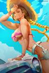  1girl araneesama blonde_hair blue_eyes blue_sky bra braid cammy_white car cloud cloudy_sky commentary english_commentary hat highres long_hair low_twin_braids motor_vehicle scar scar_on_face sky straw_hat street_fighter tan tanlines twin_braids underwear web_address 
