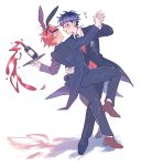  2boys ahoge alcohol alternate_costume animal_ears black_hair black_shoes black_suit blue_hair blush bottle brown_shoes commentary dancing earrings eggslads embarrassed english_commentary eyepatch fake_animal_ears highres holding holding_hands holding_tray jewelry looking_at_another male_focus multicolored_hair multiple_boys omokage_yugamu open_mouth rabbit_ears rabbit_tail red_hair shadow shoes simple_background smile standing standing_on_one_leg streaked_hair suit sumino_takumi tail tailcoat the_hundred_line_-last_defense_academy- tray white_background wine wine_bottle yaoi 