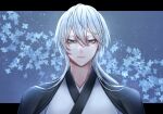  1boy aegyo_sal androgynous bishounen black_border blue_background border commentary_request dragon_quest dragon_quest_x grey_eyes hair_between_eyes hero_(dq10) highres japanese_clothes kimono kuro11_222 letterboxed long_hair looking_at_viewer male_focus portrait solo white_hair white_kimono 