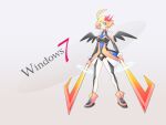  1girl 7-tan ahoge black_gloves black_leotard black_wings blonde_hair blue_eyes boots breasts commentary_request full_body gloves holding holding_weapon leotard looking_at_viewer orange_boots orange_gloves original os-tan personification sato_(esuplusesu) short_hair small_breasts solo weapon wings 