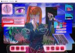  1boy 1girl apple_inc. aqua_eyes aqua_hair bags_under_eyes bar_censor beanie blazer blood blood_on_face blood_on_knife blue_jacket blue_sky braid censored checkered_necktie chidouin_sara chromatic_aberration clenched_teeth clock closed_mouth cloud cloudy_sky collared_shirt commentary desktop_(computing) empty_eyes glitch grass green_hat green_necktie hair_between_eyes hand_on_own_cheek hand_on_own_face hat highres hiyori_sou holding holding_knife icon_(computing) jacket kimi_ga_shine knife light_smile liminal_space long_hair looking_ahead looking_at_viewer macintosh multiple_views necktie orange_hair path pleated_skirt ponytail purple_eyes purple_skirt red_scarf scared scarf school_uniform scribble_censor shirt short_hair single_sidelock skirt sky static sweat symbol-only_commentary teeth text_messaging user_interface window_(computing) yellow_shirt yellowmao0509 