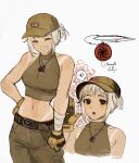  1girl bandaged_arm bandages breasts brown_gloves collared_halterneck commentary crop_top english_commentary georgia_(country) gloves grin halterneck hand_on_own_hip hat highres jewelry medium_breasts midriff mole mole_under_eye navel necklace nika_(usergore) original ponytail russo-ukrainian_war scar scar_on_arm shirt short_ponytail sleeveless sleeveless_shirt smile tan tanlines toned turtleneck usergore 