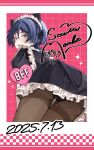  1boy alternate_costume animal_ear_hairband animal_ears apron ass ass_focus black_bow black_dress black_hair black_panties black_sleeves blunt_ends blush bow brown_pantyhose cat_ears character_name dated dress enmaided fake_animal_ears frilled_apron frilled_hairband frills genshin_impact hair_between_eyes hair_bow hairband heart highres juliet_sleeves lace-trimmed_panties lace_trim lingerie long_sleeves looking_at_viewer looking_back maid maid_apron maid_headdress male_focus open_mouth panties pantyhose puffy_sleeves purple_eyes raised_eyebrow scaramouche_(genshin_impact) solo underwear uneven_eyes wa_gi88 