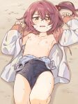  1girl blue_one-piece_swimsuit breasts brown_hairband cameltoe clothes_pull collarbone commentary_request competition_school_swimsuit cowboy_shot fukaku-tei hairband highres jacket komari_chika lying make_heroine_ga_oo_sugiru! nipples one-piece_swimsuit one-piece_swimsuit_pull one_side_up open_clothes open_jacket school_swimsuit short_hair small_breasts solo swimsuit wet wet_clothes wet_swimsuit white_jacket 