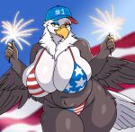 4th_of_july accipitrid accipitriform american_flag_bikini anthro avian bald_eagle baseball_cap beak big_breasts bikini bird breast_squish breasts brown_body brown_feathers clothing curvy_figure eagle eyeshadow feathers female flag_bikini hat headgear headwear hi_res holidays huge_breasts makeup neck_tuft non-mammal_breasts sea_eagle solo sparkler spoldier squish swimwear thick_thighs tuft two-piece_swimsuit voluptuous_anthro voluptuous_female wide_hips winged_arms wings