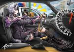  2girls black_boots black_choker black_coat black_dress black_hair black_nails black_thighhighs blue_eyes boots breasts brown_hair car car_interior choker cleavage closed_mouth coat commission dress driving english_commentary fur-trimmed_coat fur_trim grey_hair hat highres hololive hololive_english hololive_grand_theft_auto jewelry large_breasts long_hair megaphone motor_vehicle multicolored_hair multiple_girls notice_lines oozora_subaru police police_car police_hat police_uniform policewoman ribbon ring shiori_novella shiori_novella_(1st_costume) single_thighhigh split-color_hair striped_clothes striped_thighhighs thighhighs tosaworks two-tone_hair virtual_youtuber white_ribbon yellow_eyes yorick_(shiori_novella) 
