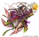  1girl :d antenna_hair armor bamboo bamboo_print barefoot black_eyes black_hair blunt_ends closed_mouth copyright_notice full_body full_moon green_halo hagiya_kaoru hagoromo halo halo_ornament hikimayu holding holding_staff japanese_clothes kaguya_(wonderland_wars) kimono layered_kimono long_hair long_sleeves looking_to_the_side moon obi official_art parted_bangs purple_kimono ribbon-trimmed_sleeves ribbon_trim sash shawl shoulder_armor sidelocks simple_background sleeves_past_fingers sleeves_past_wrists smile solo staff tassel very_long_hair white_background white_sash wonderland_wars 
