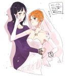  2girls arm_tattoo bare_shoulders black_hair blunt_bangs blush bridal_veil commentary_request dress elbow_gloves gloves gurara_91 hand_on_another&#039;s_face highres hug long_sleeves medium_hair multiple_girls nami_(one_piece) nico_robin one_piece orange_hair purple_dress simple_background smile tattoo upper_body veil wedding_dress white_background white_gloves 