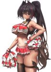  1girl absurdres bandaid bandaid_on_arm bay_(nikke) black_hair black_thighhighs breasts brown_eyes commentary crop_top dark-skinned_female dark_skin goddess_of_victory:_nikke hair_between_eyes hair_intakes highleg highleg_panties highres holding holding_pom_poms large_breasts looking_at_viewer microskirt mikelee0614 mole mole_on_breast mole_on_stomach mole_under_mouth multicolored_hair navel panties pleated_skirt pom_pom_(cheerleading) red_streaks side-tie_panties skirt solo streaked_hair thighhighs thong underwear white_panties 