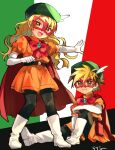  1boy 1girl amanogawa_ryuusei artist_name belt belt_pouch beret black_belt black_hair black_pantyhose blonde_hair boots bow brooch brown_eyes cape child closed_mouth commentary cosplay crossdressing crossdressing_(mtf) domino_mask dress elbow_gloves eye_mask feather_hair_ornament feathers flag_background full_body gloves green_hat hair_ornament hat highres italian_flag itasato_amiko jewelry jinzou_konchuu_kabutoborg_vxv kuroda_(kuro_yyy) long_hair looking_at_viewer mask official_alternate_costume open_mouth orange_dress pantyhose pouch puffy_short_sleeves puffy_sleeves red_bow red_cape short_hair short_sleeves signature sitting smile standing turtleneck turtleneck_dress venezian venezian_(cosplay) wavy_hair white_boots white_gloves yellow_eyes 