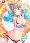  1girl armpits bikini bikini_day blue_eyes blue_nails blue_sweater bracelet breasts brown_hair cloud donut_innertube fingernails floral_print highres innertube iroenpitsu_xxx jewelry large_breasts looking_at_viewer love_live! love_live!_sunshine!! nail_polish navel one_eye_closed ponytail short_hair signature sky smile solo sweater swim_ring swimsuit upper_body watanabe_you water water_drop watermark 