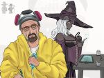  1boy 1girl breaking_bad brown_facial_hair crossover elden_ring elden_ring_nightreign facial_hair hazmat_suit highres johnholl0w jumpsuit old old_man recluse_(elden_ring) walter_white white_hair yellow_jumpsuit 